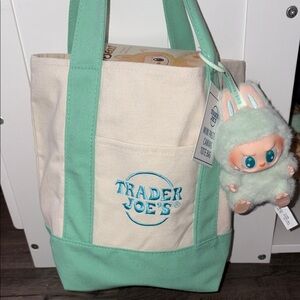 Teal Trader Joe's Mini Canvas Tote Bag with QUQU teal Have a Seat Labubu 💚
